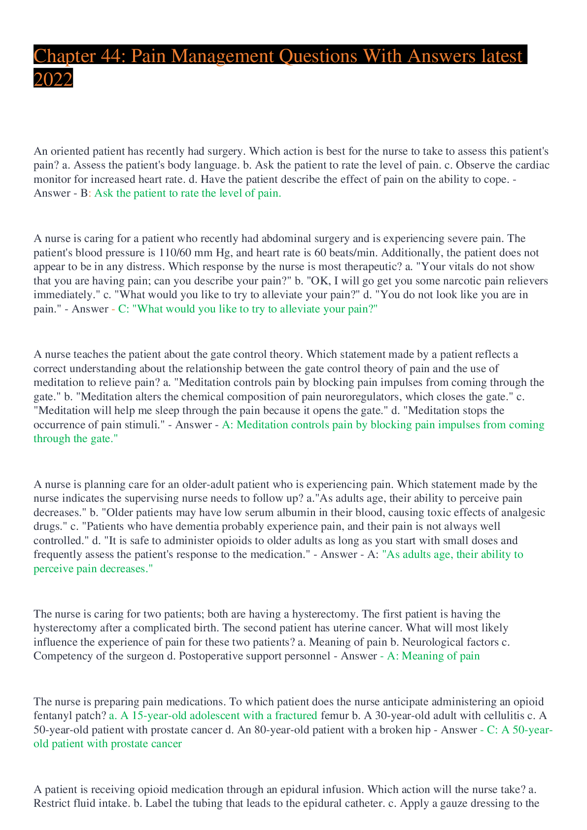 Preview image for Chapter 44: Pain Management Questions With Answers latest 2022